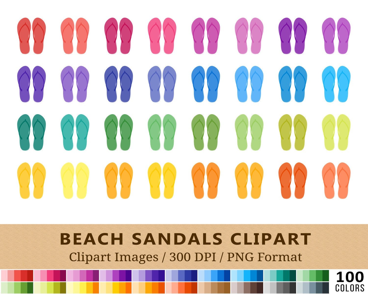 100 Beach Sandals Clipart, Flip Flops Clip Art, Rainbow Colors, Summer ...