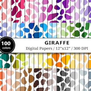 Colored Giraffe Print Digital Paper, 100 Rainbow Safari Animal Pattern, Scrapbook Papers Printable, Background, Scrapbooking, Commercial Use