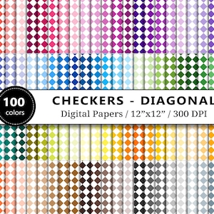 Diagonal Checkers Digital Papers, Checkerboard Pattern Paper, 100 Rainbow Colors, Scrapbook Paper, Checkered Backgrounds, Scrapbooking
