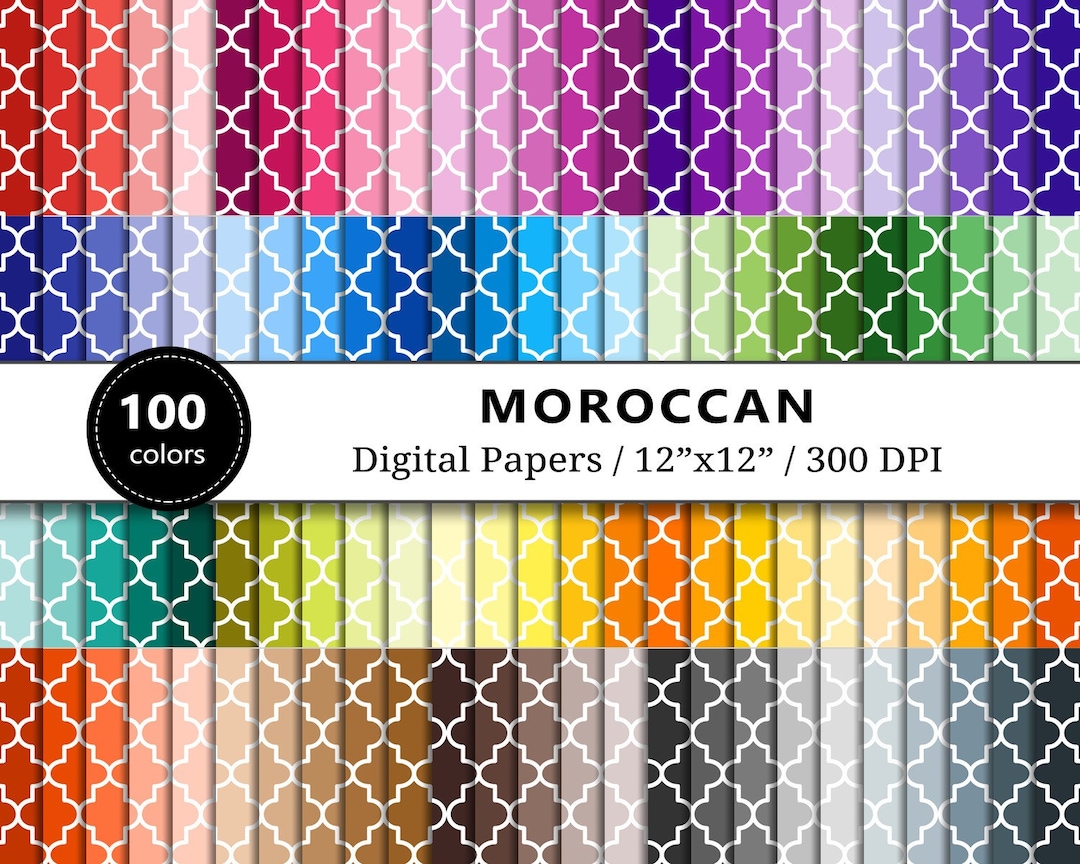 Moroccan Digital Paper, 100 Rainbow Colors, Mosaic Quatrefoil Pattern ...