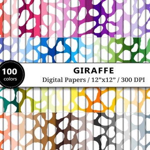Giraffe Print Digital Paper, 100 Rainbow Safari Animal Pattern, Scrapbook Papers Printable, Background, Scrapbooking, Instant Download