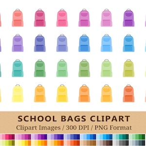 May include: 100 colorful school bags clipart images in PNG format. The bags are arranged in rows of 10, with each row featuring a different color. The colors include red, orange, yellow, green, blue, purple, pink, and brown.