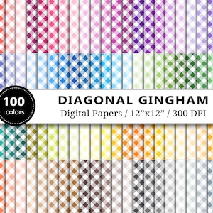Diagonal Gingham Digital Papers, Small Check Printable Paper, Scrapbook Paper, Backgrounds, Card Making, Scrapbooking, 100 Rainbow Colors