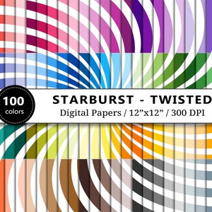 Tinted Sun Burst Digital Paper, 100 Rainbow Colors, Twisted Starburst Pattern Backgrounds, Scrapbook Papers Printable, Digital Scrapbooking
