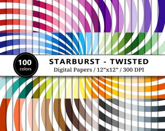 Tinted Sun Burst Digital Paper, 100 Rainbow Colors, Twisted Starburst Pattern Backgrounds, Scrapbook Papers Printable, Digital Scrapbooking