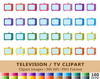 100 Vintage Television Clipart, Retro TV Clip Art, Rainbow Movie Planner Printable Stickers, Watch, TV Entertainment Icons, Vector, PNG