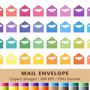 100 envelop clipart, mail open illustraties, regenboogkleuren, digitale planner stickers afdrukbaar, scrapbooking, postpictogram, vector EPS PNG