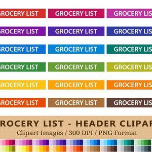 100 食料品リスト ヘッダー クリップアート、プランナー ボックス ヘッダー クリップアート、虹色、デジタル プランナー ステッカー、ショッピング、食料品、PNG + EPS