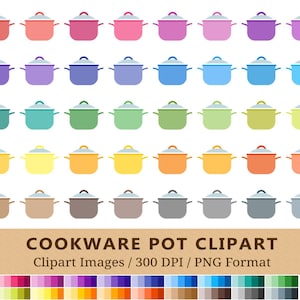 100 Cookware Pot Clipart, Kitchen Pan Clip Art, Rainbow Colors, Cooking Planner Stickers, Instant Download, Utensils Icons, Vector + PNGs
