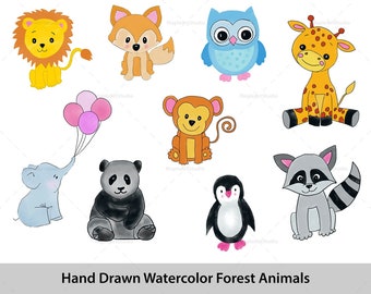Animals Clipart, Hand Painted Watercolor Forest Animals, Jungle Creatures Clip Art, Instant Download Clipart, Commercial Use, JPG + PNG
