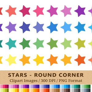 100 Round Corner Stars Clipart, Rainbow Colors, Vector EPS PNG Files, Planner Stickers Clip Art, Icons, Digital Illustration, Scrapbooking