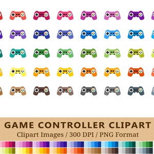 Könnte beinhalten: Ein Set mit 100 bunten Gamecontroller-Clipart-Bildern im PNG-Format. Die Controller sind in verschiedenen Farben, darunter Rot, Blau, Grün, Gelb, Orange, Lila, Pink und Braun.