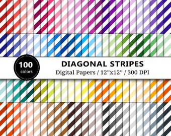 Diagonal Stripes Digital Paper Backgrounds, Lines Textures, 100 Rainbow Pattern Scrapbook Paper, Scrapbooking, Striped Paper, Commercial Use