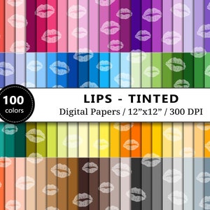 Tinted Lips Digital Paper, 100 Rainbow Colors, Kiss Scrapbook Papers Printable, Valentines Day Background, Scrapbooking, Instant Download