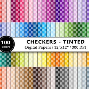 Papéis digitais xadrez coloridos, tabuleiro de damas para impressão, 100 cores do arco-íris, fundos de papel para scrapbook, scrapbooking, download instantâneo