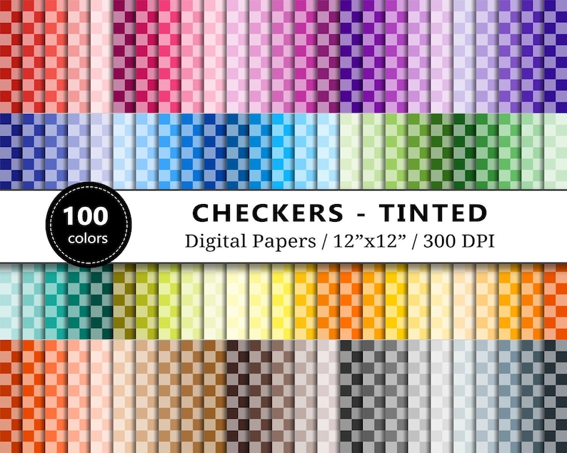 Tinted Checkered Digital Papers, Checkerboard Printable, 100 Rainbow ...