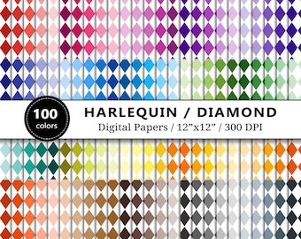 Harlequin Digital Papers, Scrapbook Paper Printable, Diamond Backgrounds, 100 Rainbow Colors, Scrapbooking, Commercial Use, Instant Download