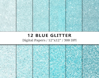 Blue Glitter Textures Digital Paper, Sparkle Scrapbook Paper, Bright Blue Sparkling Shades, Scrapbooking, Chunky Glitter, Instant Download