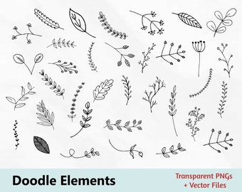 Hand Drawn Floral Doodle Elements, Leaves, Plant Branches, Sketch Drawing, Instant Download, Clipart Pack, Commercial Use, Vector EPS PNG
