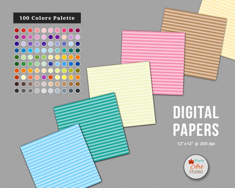 Horizontal Tinted Stripes Digital Paper Backgrounds, Thick Lines, 100 ...