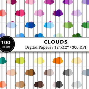 Clouds Digital Paper Backgrounds, Sky Clouds Textures, 100 Bright Rainbow Colors, Scrapbook Papers, Scrapbooking, Commercial Use