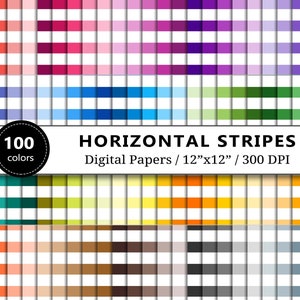 Horizontal Medium Stripes Digital Paper Backgrounds, Thick Lines, 100 Colors Rainbow Pattern, Scrapbook Paper, Scrapbooking, Striped Paper