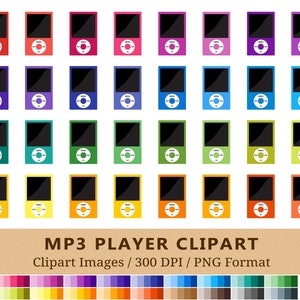 Könnte beinhalten: Ein Satz mit 100 bunten MP3-Player-Clipart-Bildern im PNG-Format. Die Bilder haben eine Auflösung von 300 DPI und zeigen eine Vielzahl von Farben, darunter Rot, Orange, Gelb, Grün, Blau, Lila, Pink und Braun.