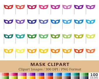 100 Mask Clipart, Masquerade Mask Clip Art, Rainbow Planner Printable Stickers, Mardi Gras, Carnival, Party, Digital Icons, Vector + PNGs