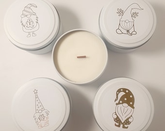 Gnome Christmas scented candles - Unbreakable travel tin vegan palm or soy wax wood wick candle Custom style & scent handmade in Australia