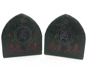 Antique Leather Bookends Art Nouveau Arch Mission Arts & Crafts Dante Italy Bust