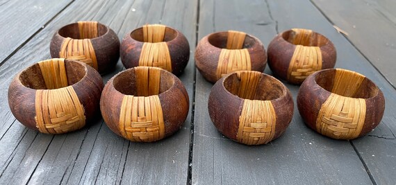 MCM Wooden Napkin Rings Set of 8 Vintage Light Wood Grain Round w