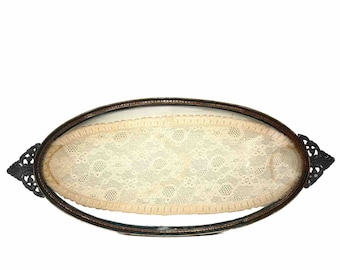 Victorian Gilt Brass Vanity Tray with Needlepoint Lace under glass MW Carr & Co.