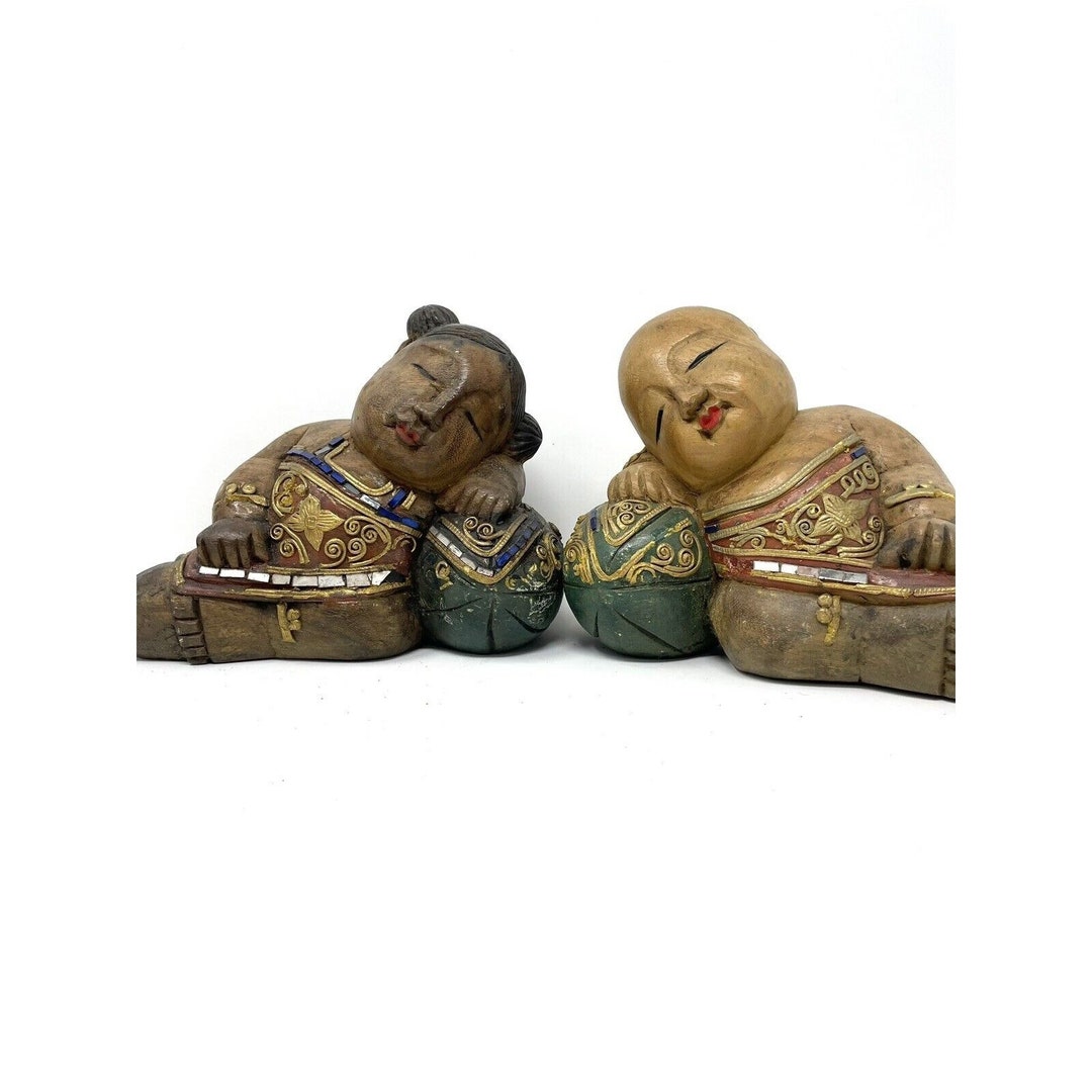 Vintage Chinese Good Luck Figurines Wood Hand Carved Sleeping Boy and