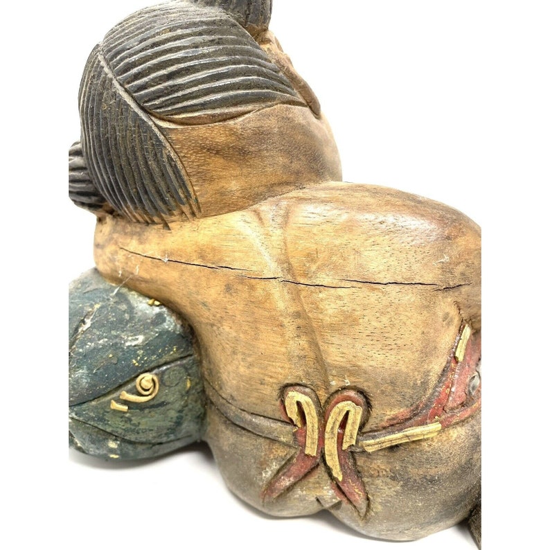 Vintage Chinese Good Luck Figurines Wood Hand Carved Sleeping Boy and