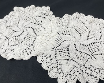 Crochet Doilies Set 2 Matching Handmade 9in Beige Ruffle Edge Vintage