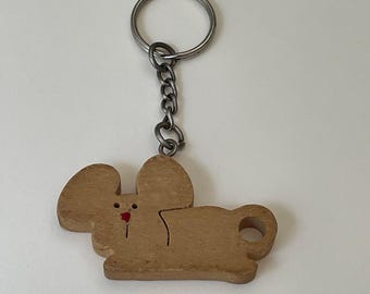 Vintage Avon Wooden Mouse Keychain Natural Wood Folk Art Animal Charm Accessory