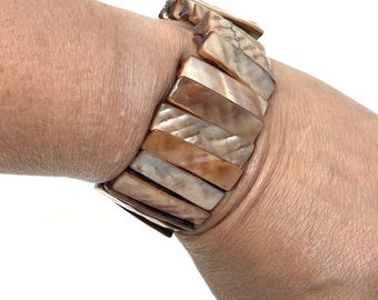 Natural Mother Of Pearl Seashell Slices Artisan Stretch Cuff Bracelet