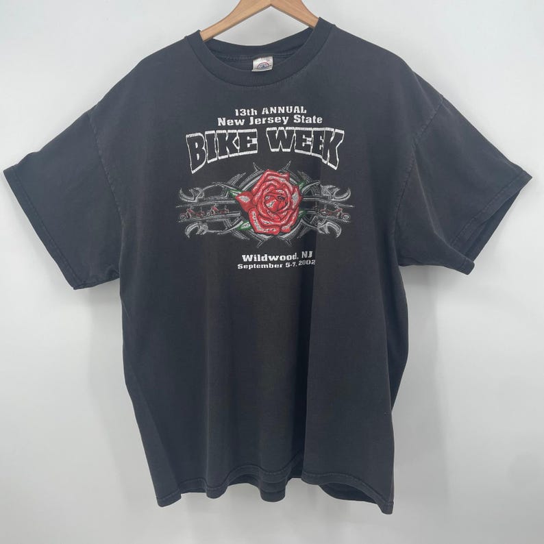 Vintage 2002 New Jersey State Bike Week T-Shirt Rose Wildwood NJ Delta 2XL Black image 1