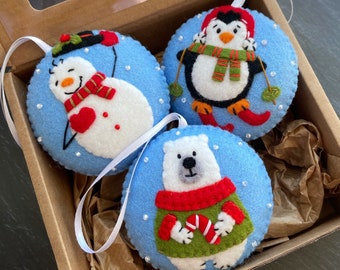 Set of 3 Christmas ornaments, Felt Christmas decorations, Polar Bear, Snowman, Penguin, Handmade Christmas decorations,