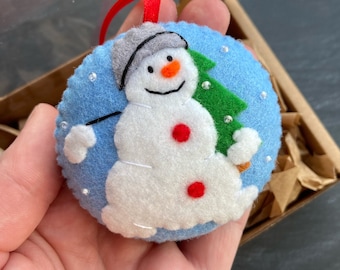 Felt Snowman Christmas Ornament, Handmade Tree Decoration