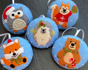 Felt Christmas Decorations, Handmade Christmas Ornaments, Owl, Squirrel, Fox, Bear, Hedgehog, Christmas animals