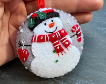 Felt Snowman Christmas Ornament, Handmade Xmas Tree Decor