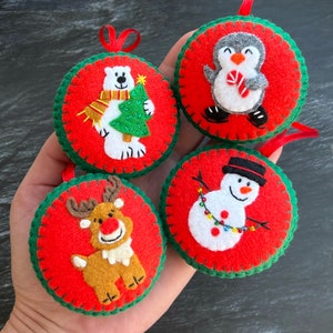 Christmas Decorations, Felt Christmas Ornaments, Snowman, Reindeer, Polar Bear, Penguin, Handmade Felt Christmas Ornaments.