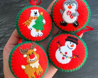Christmas Decorations, Felt Christmas Ornaments, Snowman, Reindeer, Polar Bear, Penguin, Handmade Felt Christmas Ornaments.