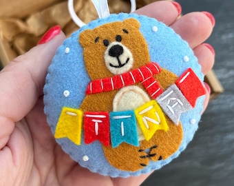Personalized Felt Christmas Ornament, Handmade Bear Tree Decoration