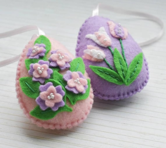 Felt Easter Egg Set of 2, Floral Easter Ornaments