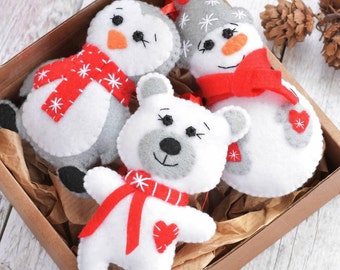 Felt Christmas Ornaments Set: Penguin, Snowman, Bear