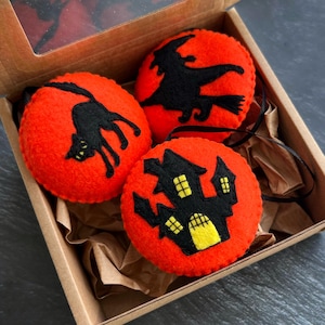 Set of 3 Halloween ornaments, black cat, haunted house, witch, felt Halloween decorations, hanging Halloween decorations