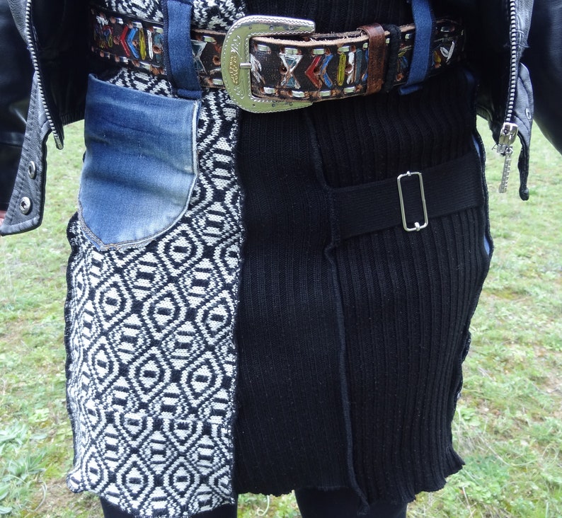 Denim skirt black wool and stretchy fantasy