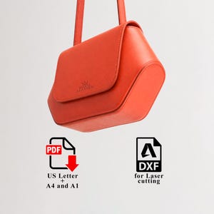 May include: An orange leather crossbody bag with a flap closure and a shoulder strap. The bag has the embossed text "ROYAL LEATHER". Below the bag are icons with the text "PDF" and "DXF".